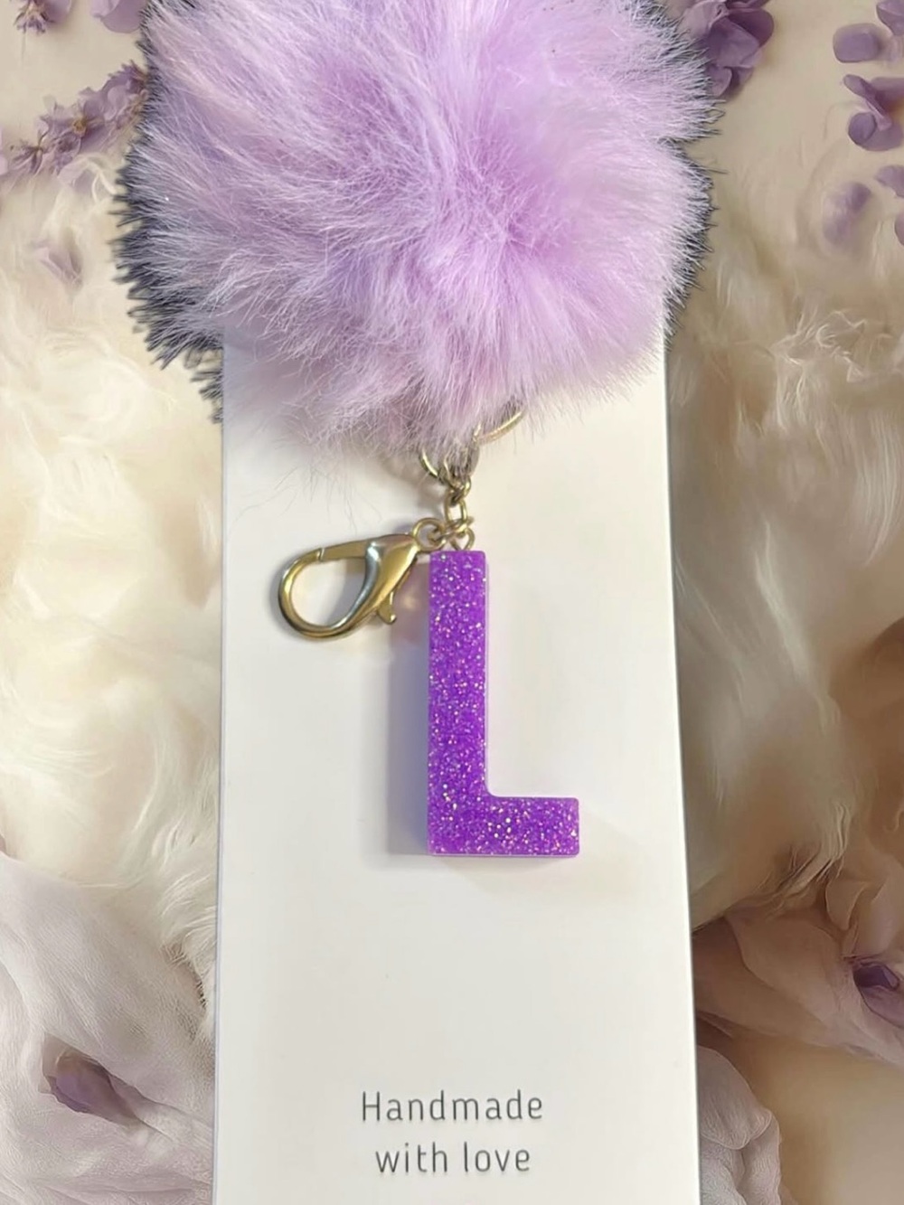 Handmade Purple Glitter 'L' Pom Keychain - Women Accessories